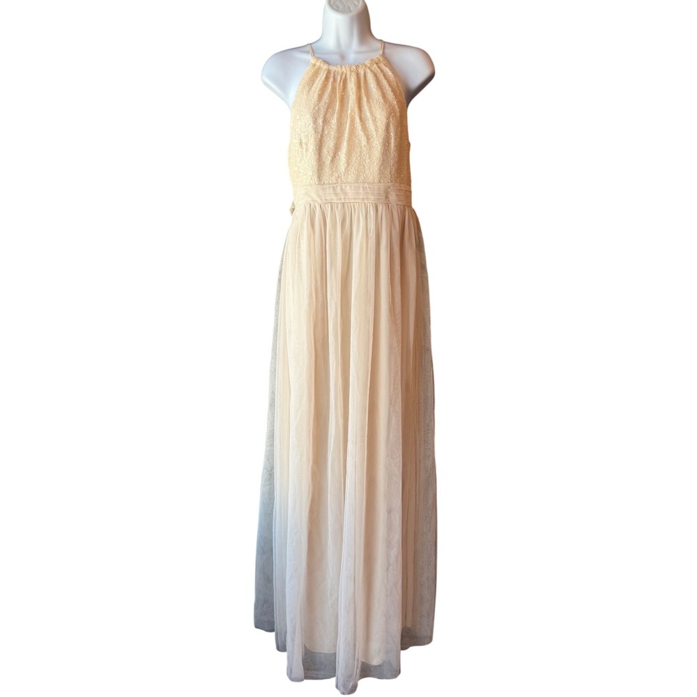 Little Mistress Maternity‎ Sequin Tulle Maxi Dress 4 Champagne Formal Gown New